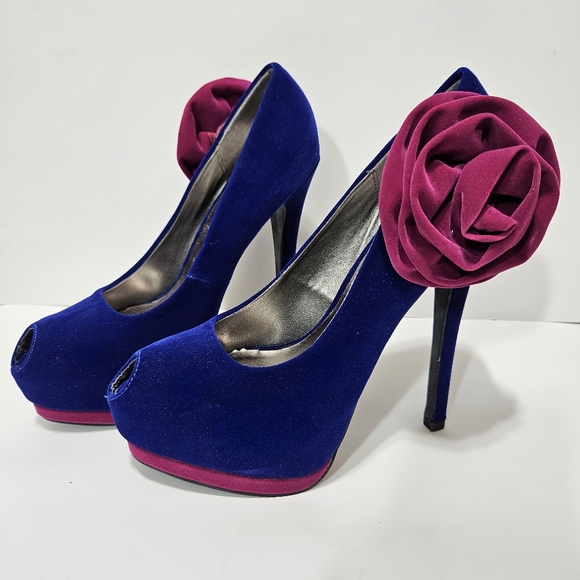 Qupid Blue/Dark Pink Velvet Peeptoe Platform Stilettos Sz 8.5 - Picture 4 of 8